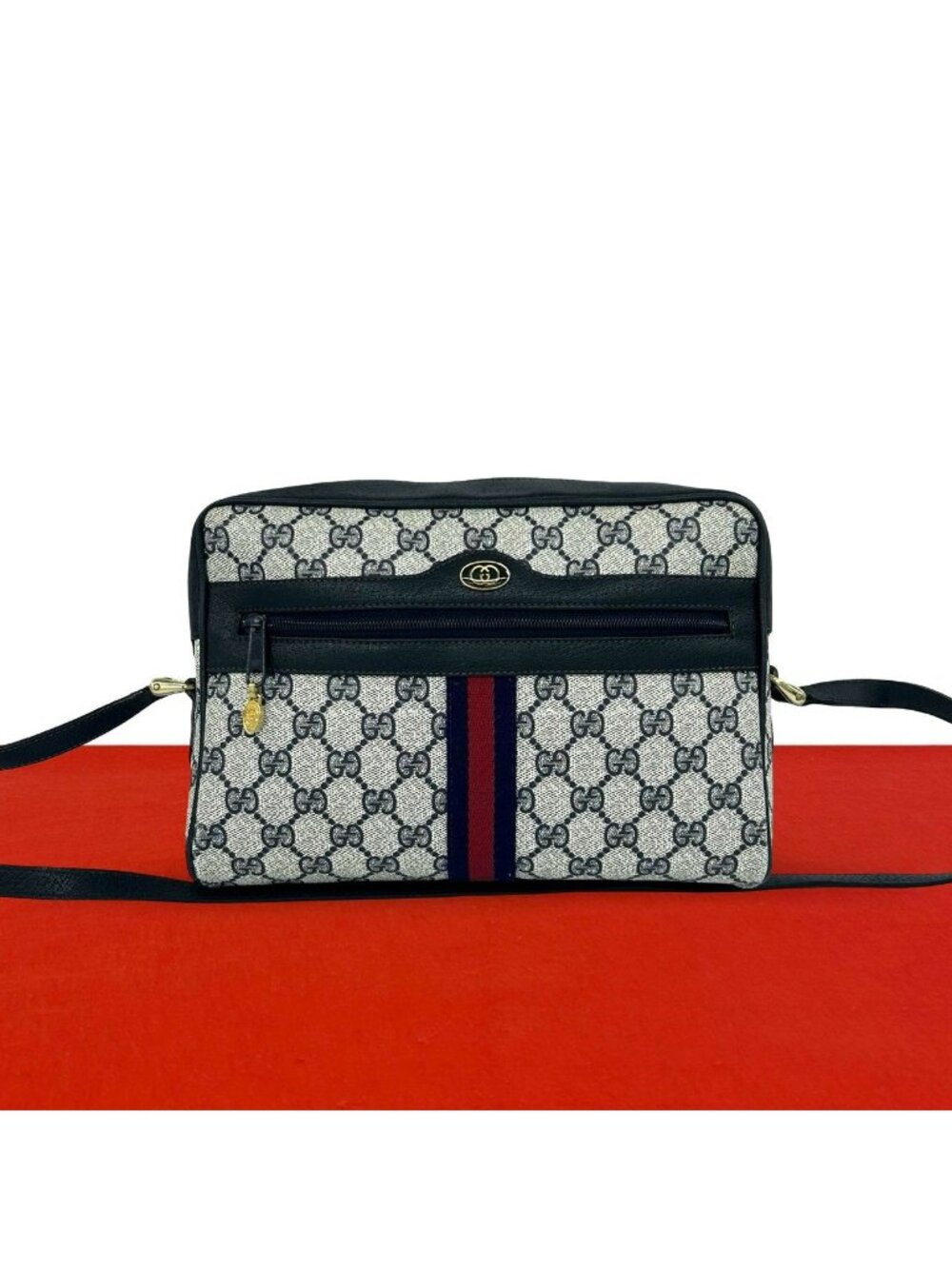 Gucci Vintage Sherry Line GG Logo Pattern Leather Shoulder Bag Pochette Navy